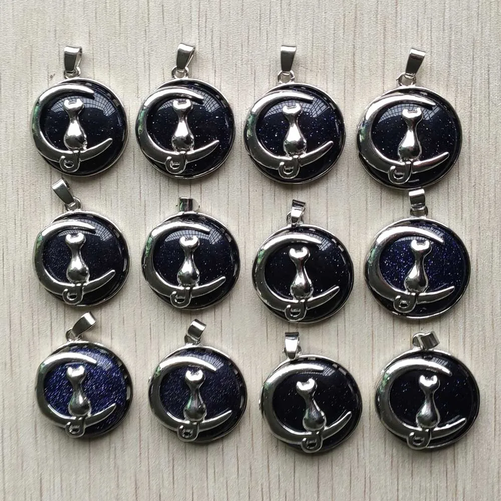 

New fashion blue sand stone moon cat metal alloy charms Pendants for necklace jewelry accessories marking wholesale 12pcs/lot