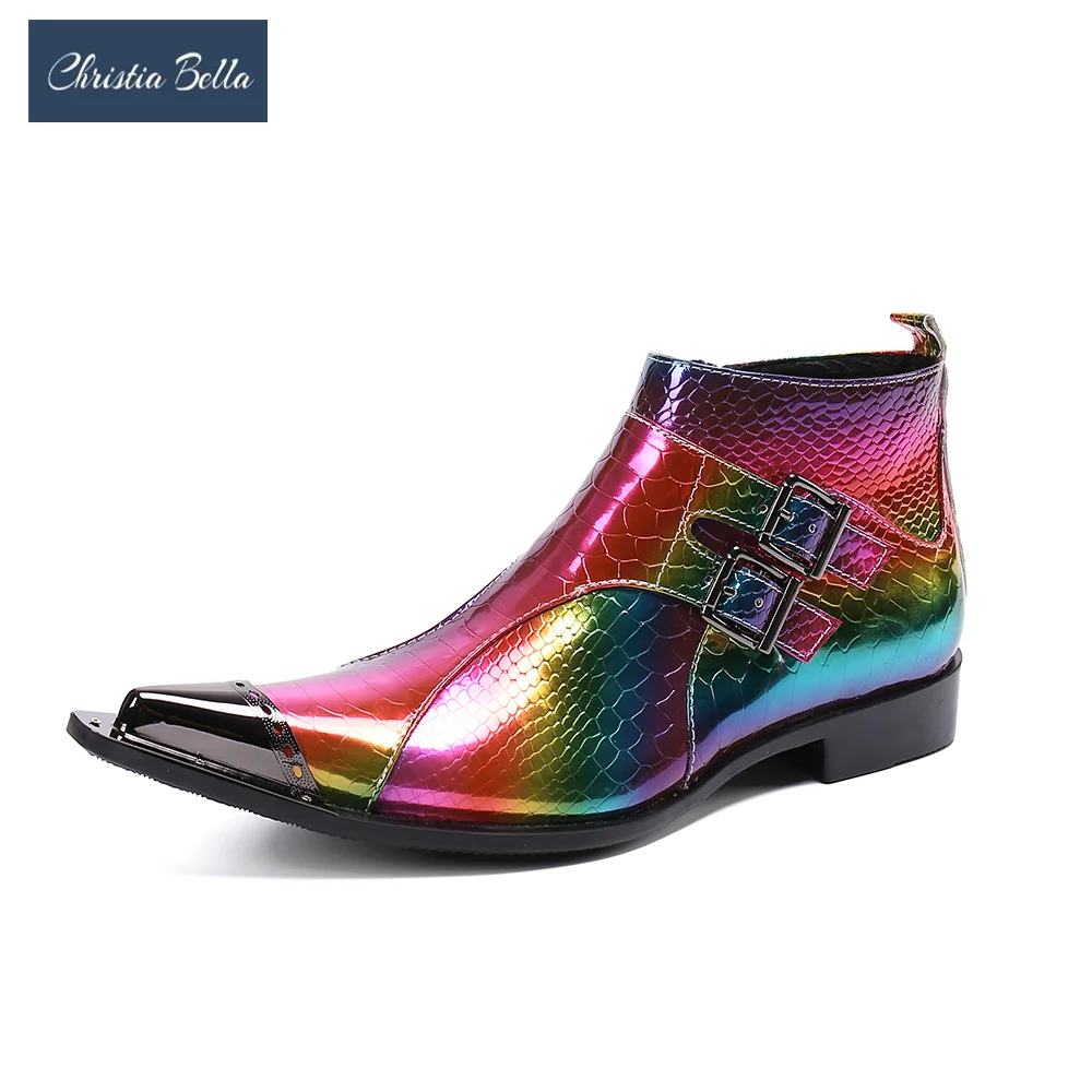 

Original Multicolor Pointed Toe Cow Leather Man Short Boots Fashion British Style Party Prom Banquet Evening Zipper Ankle Boots