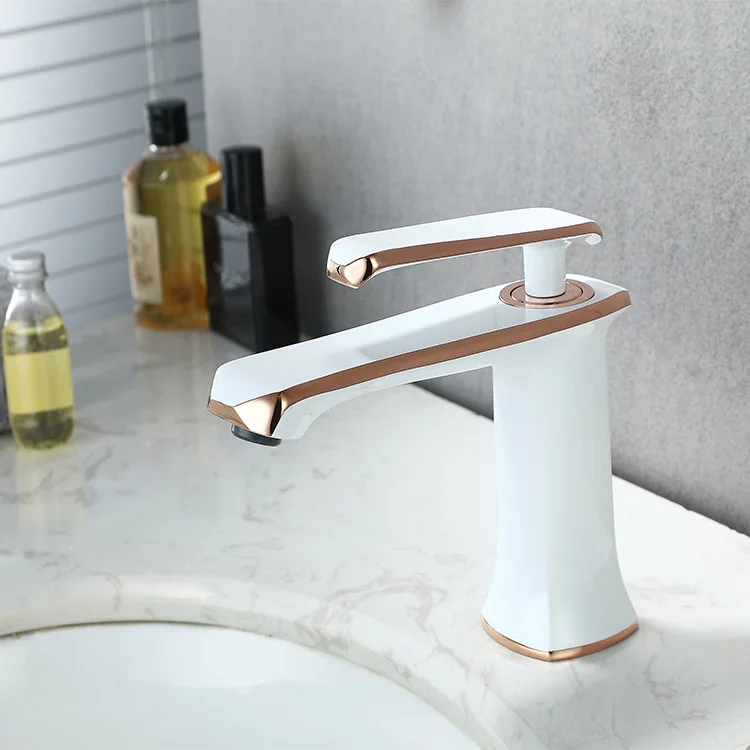 

Deluxe Brass Bathroom sink faucet White Rose gold cold hot water basin mixer faucet Single handle Single hole copper faucet