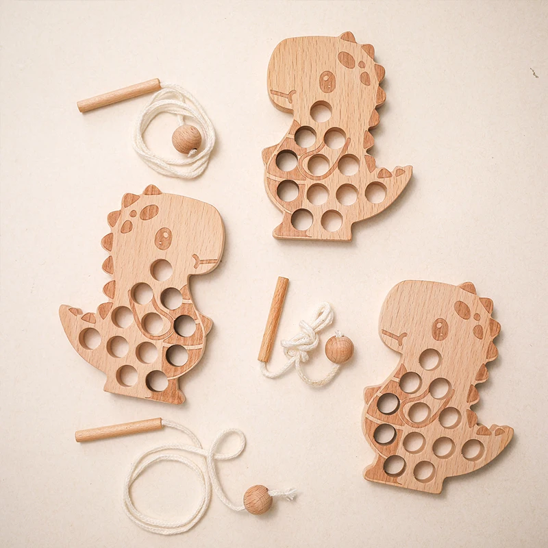 Wooden Toy Rattle Montessori Threading Board Educational Toy Baby Wooden Blocks Dinosaur Threading Board Toy for Children Gifts