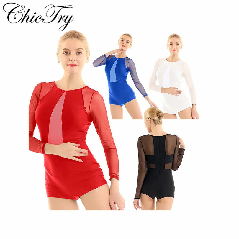 Elegant Women Round Neck Long Sleeves Mesh V Front Ballet Dance Biketard Jazz Gymnastics Bodysuit for Stage Performance Dance