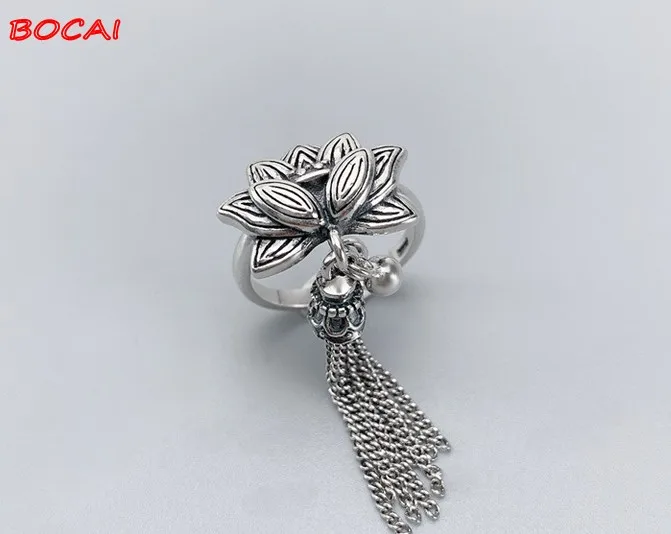 

Genuine S925 Silver Vintage Thai Anemone Lotus Tassel Ring Women Fashion Silver Weaving Craft Opening