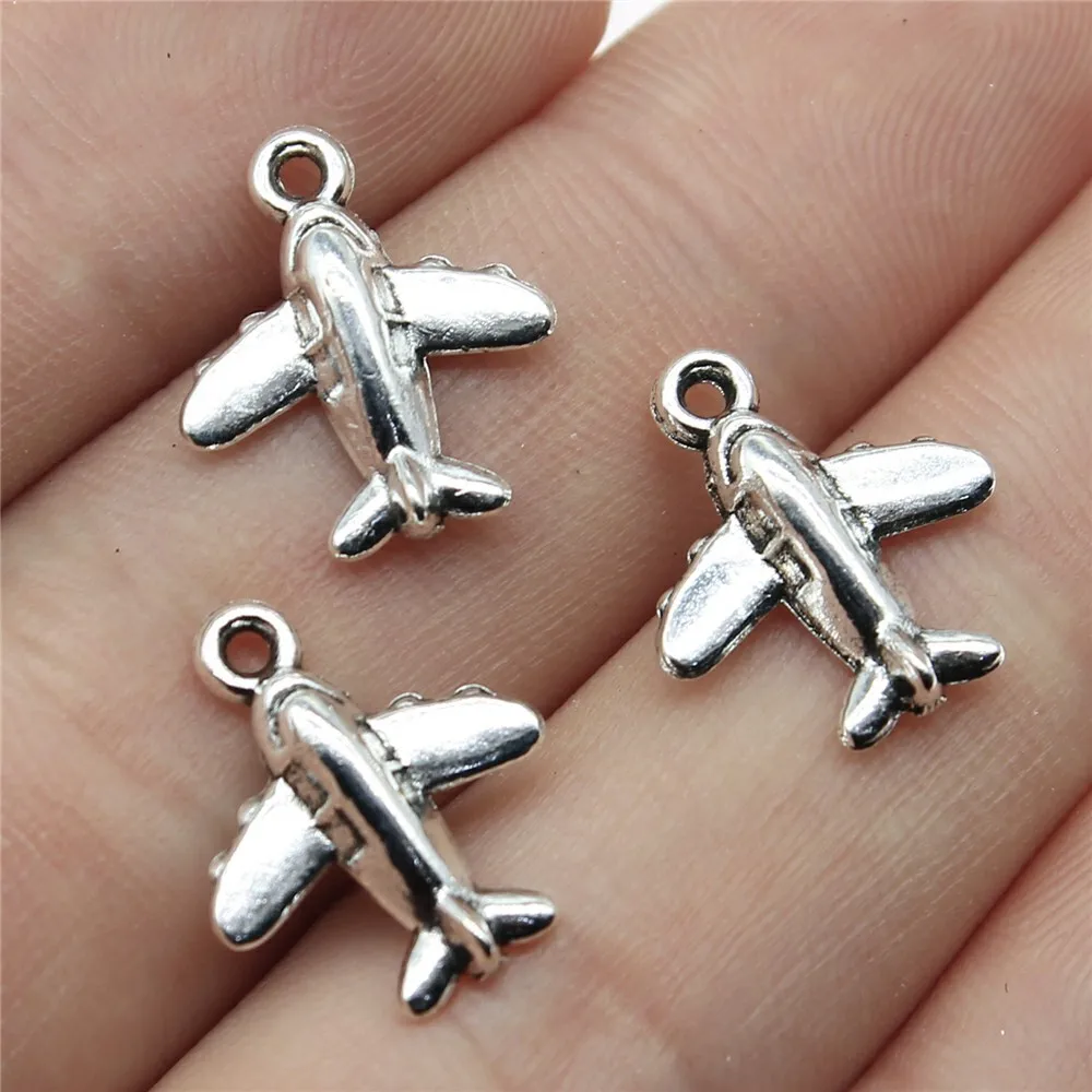 50PCS/lot 15x14mm Lover Plane Charms Antique Silver Color Plated Airplane Pendants Making DIY Handmade Tibetan Jewelry