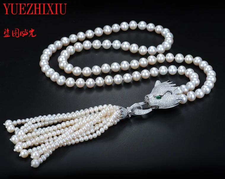 AAA white 8-9mm natural freshwater pearl jewelry sweater chain necklace Leopard head inlay zircon 5-6mm tassel sweater chain