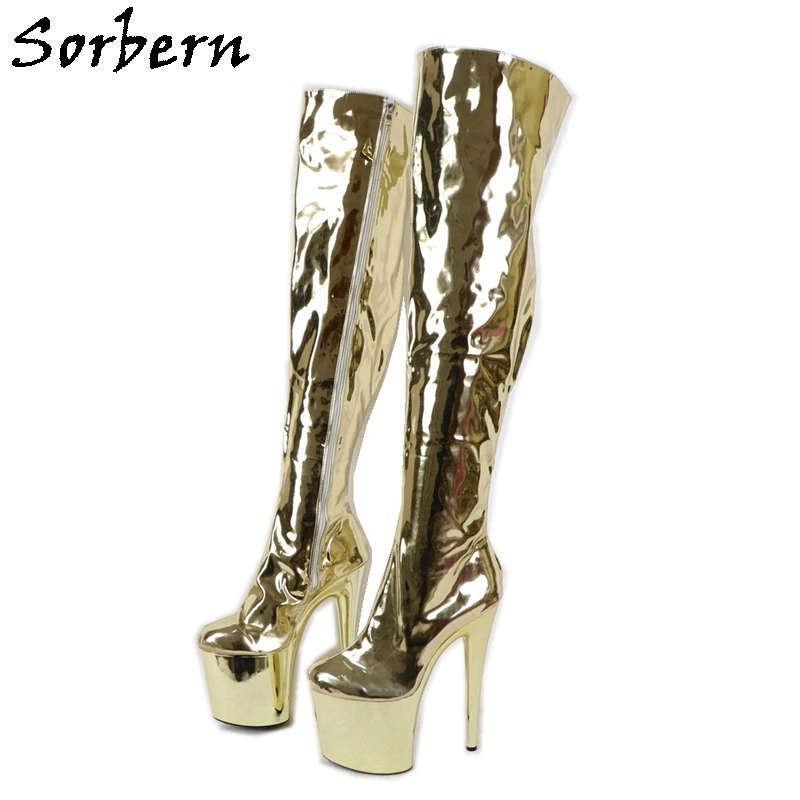 Sorbern Gold Metallic Pole Dance Boots Over The Knee Women Stripper Heels 20cm Extreme High Heel Mid Thigh High Boot Custom