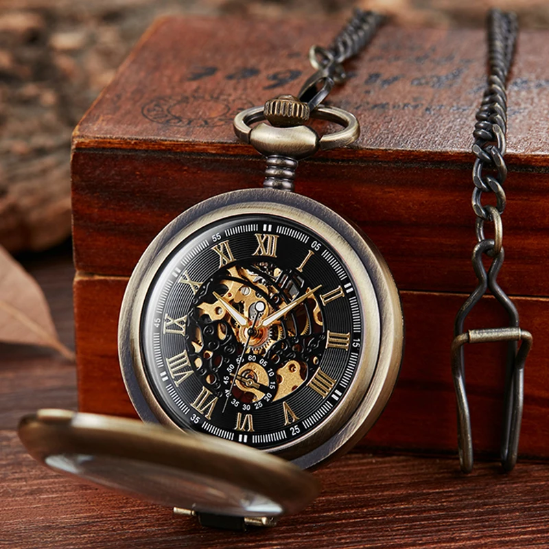 Stand on Table Mechanical Pocket Watch for Men Vintage Skeleton Roman Numeral Reloj Flip Fob Chain Pendant Mechanisch zakhorloge