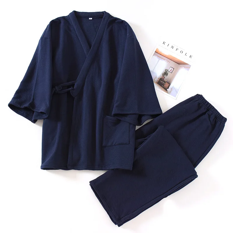 Pijamas Kimono de estilo japonés para hombre, ropa de dormir con capa de aire de 100% algodón mezclado con algodón de gran tamaño, camisón de dos