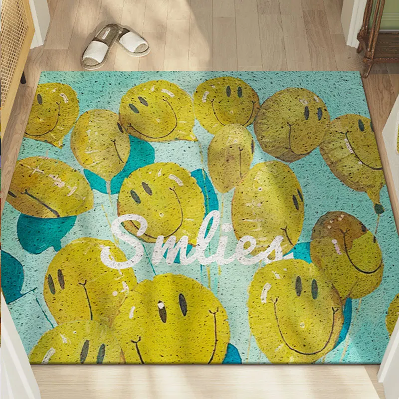 Smile Face Cute Door Mat PVC Silk Loop Mat Entrance Foot Mat Kitchen Mat Non-slip Hallway Porch Carpet Bathroom Mat Rug Cuttable