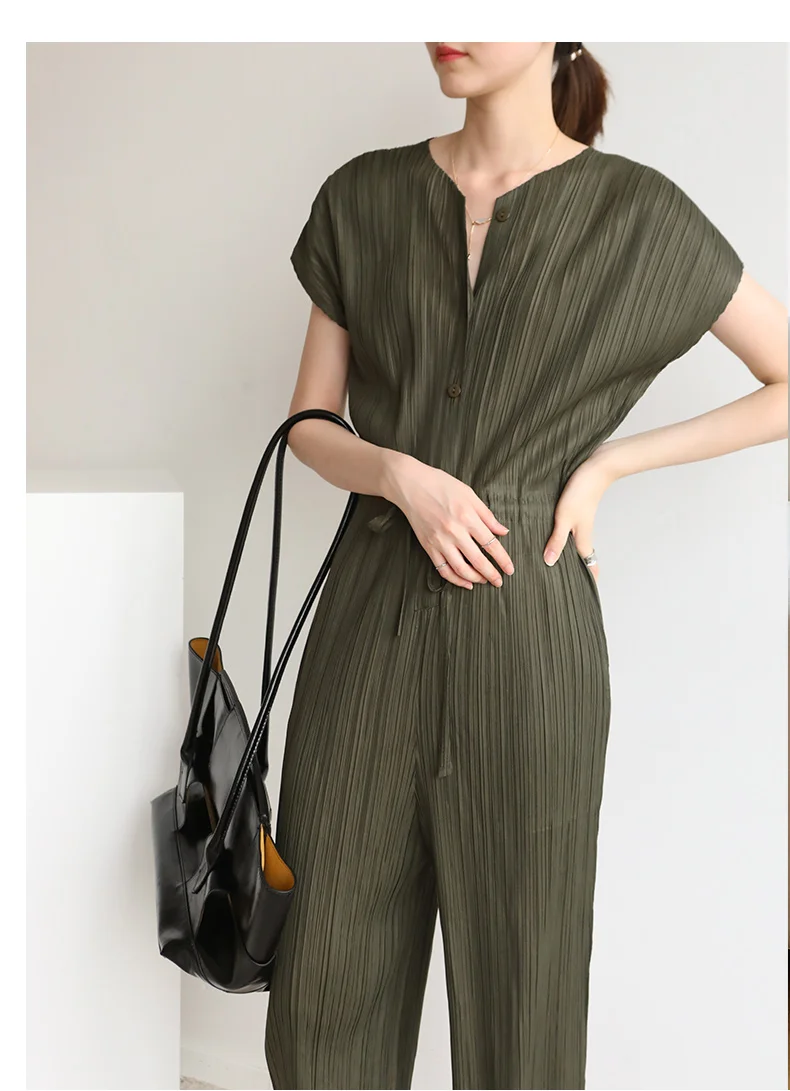 HOT SELLING Pure color o-neck fashion fold botton  jumpsuits wide-legged pants IN STOCK