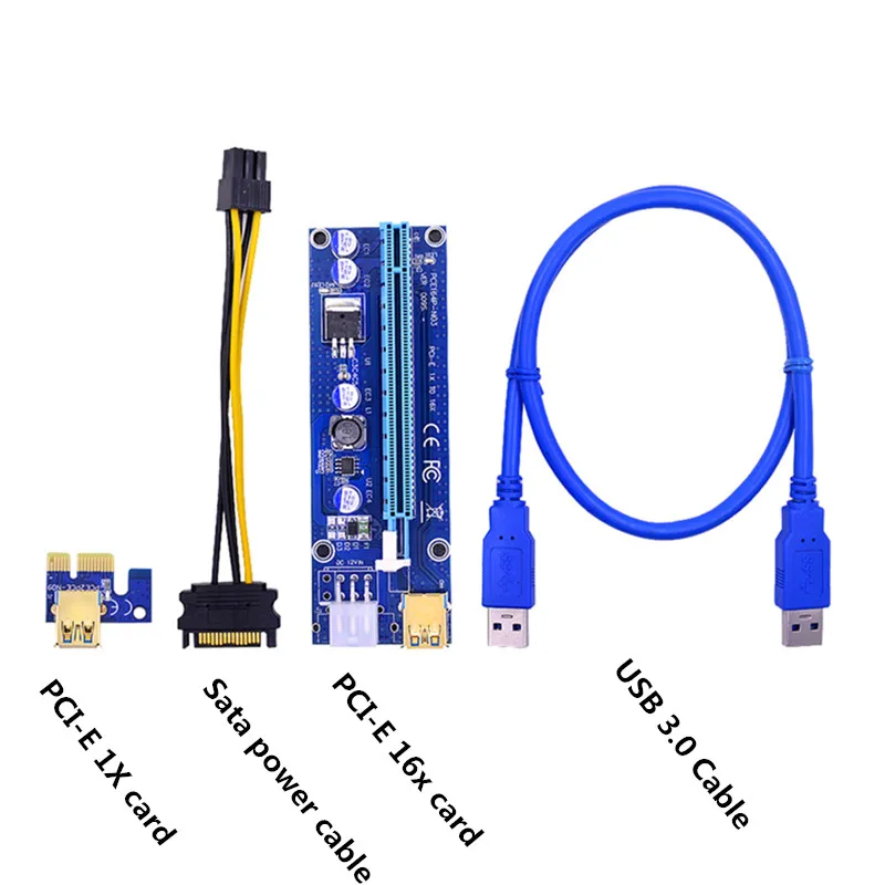 VER009S PCI-E Riser Pcie x16 Card USB 3.0 1X to16x PCI to SATA 15pin to 6 pin Power Cable Video Card