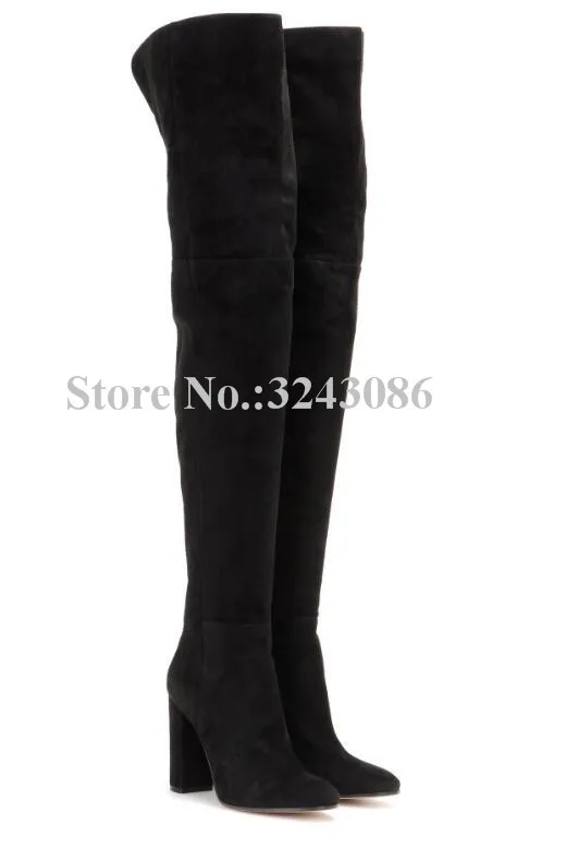 Women Black Velvet Long Boots Fashion Chunky Heel Suede Thigh High Boots Lady Sexy Over the Knee Winter Boots Party Shoes