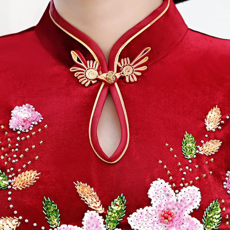 New Handmade Cheongsam Stretch Velvet Long Beaded Cheongsam Fashion Sequin Bead Mother Dress Classic Modern Qipao Платье