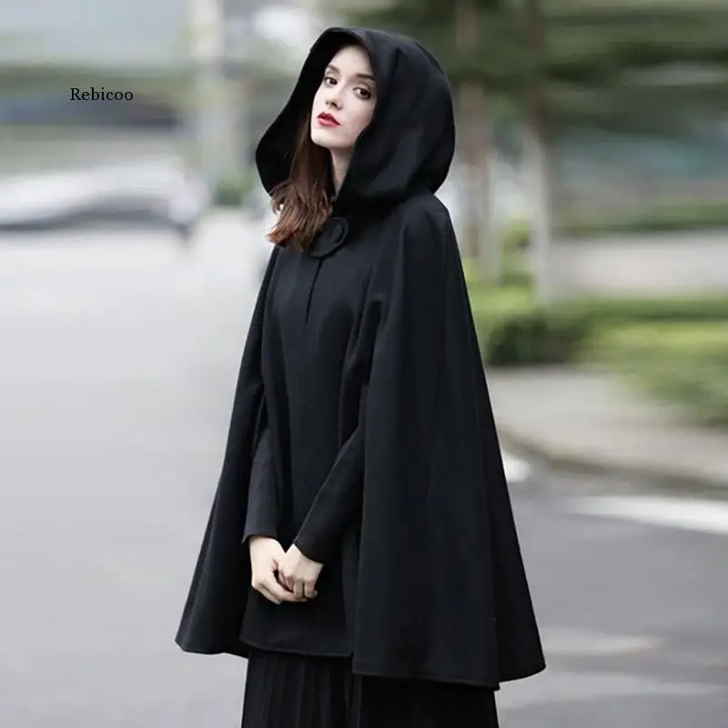 

Winter Cloak Jacket Wool Women Gothic Hooded Capes Shawl Solid Coat Ponchos Cape Poncho Loose Female Cloak Jacket