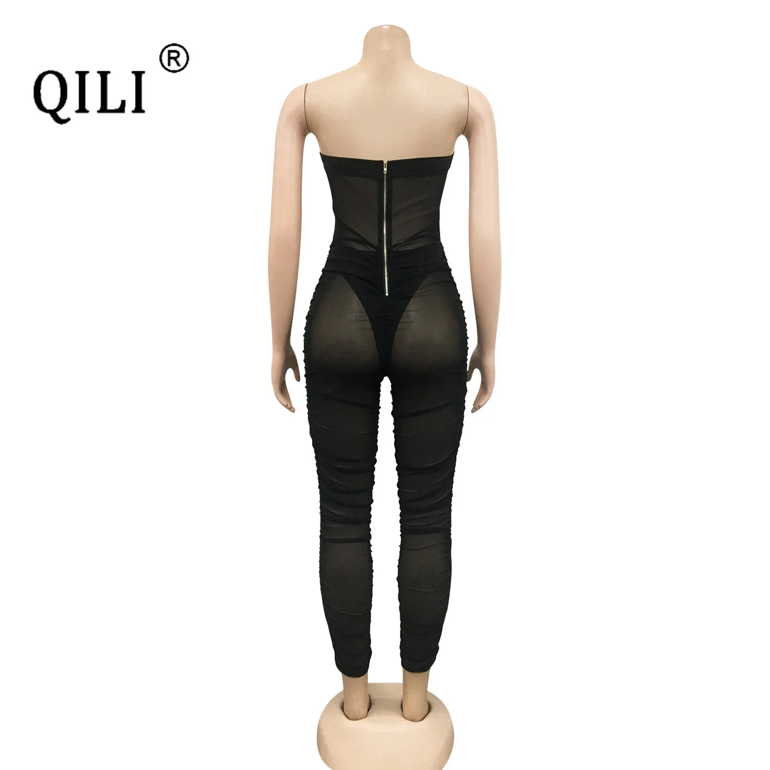 QILI-Sexy Strapless Lace Up Jumpsuits, Mesh, Black, White, See Through, Sleeveless, Skinny, Full Length Pants, Jumpsuit, C