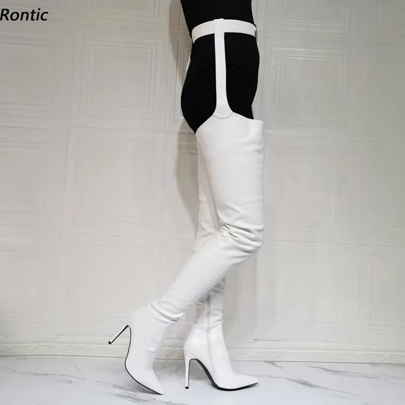 

Rontic New Fashion Women Winter Thigh Boots Sexy Belt Stiletto Heels Pointed Toe Gorgeous White Pink Ladies Shoes US Size 5-15