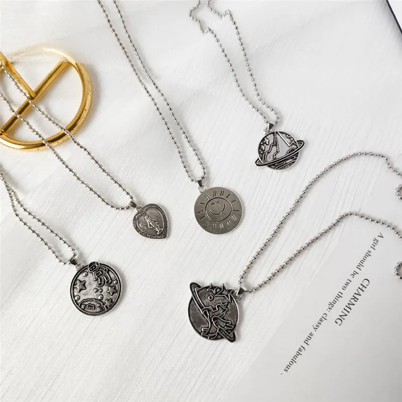 Trend Cute Unicorn Iceberg Pendant Necklace Punk Goth Retro Astronaut Sunshine Round Necklace Female Gifts Jewelry
