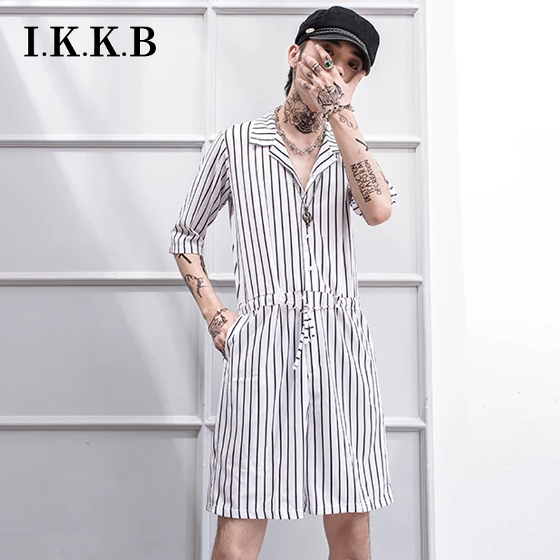 One-piece male hip hop summer short-sleeved shorts Korean Fashion Personality Vertical Stripes Youth one-piece stage wear