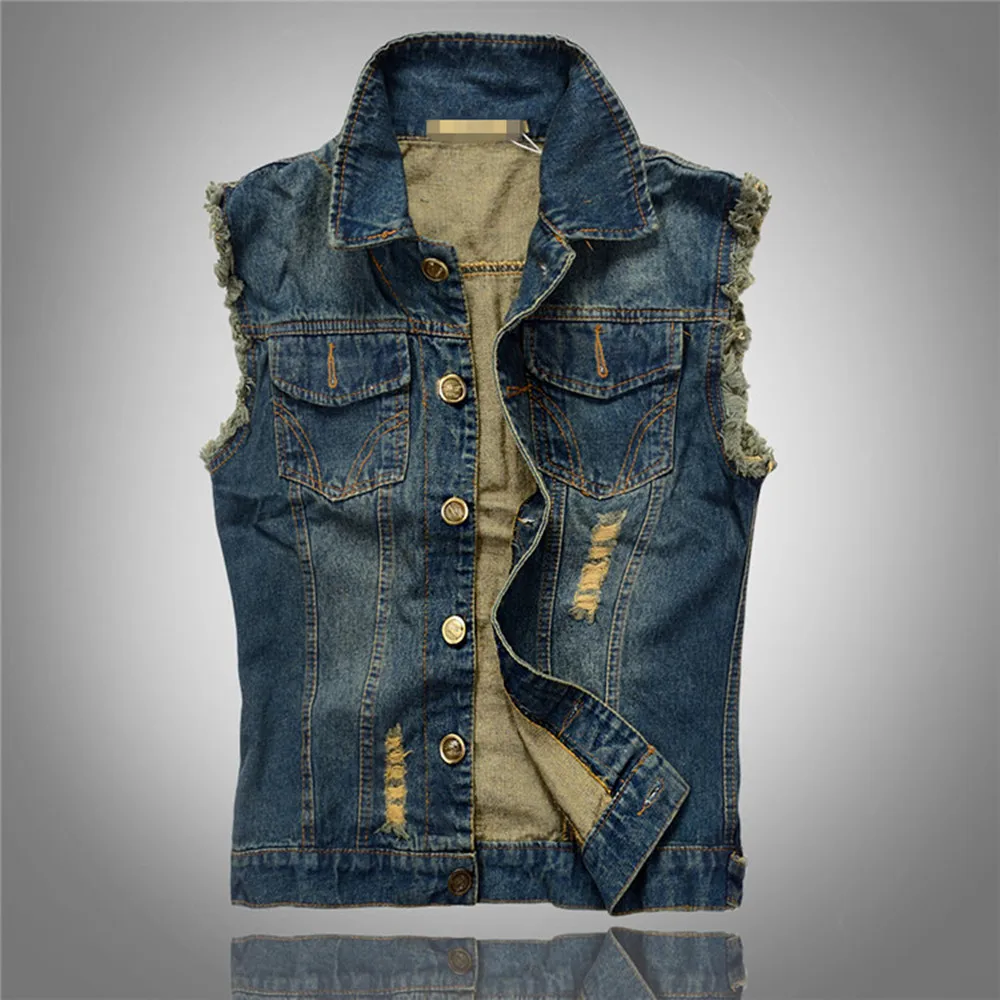 Korean Youth Trend Jeans Vest Men's Ripped Vest Jacket Denim Vests Men Retro Sleeveless Slim Fit Male Jeans Tank Top Plus Size