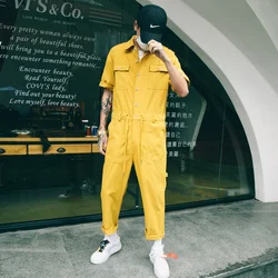 New Fashion Men Rompers Jumpsuit One Piece Overalls Man Short Sleeve Casual Punk Rock Denim Pants Male Clothing Oversized Yellow