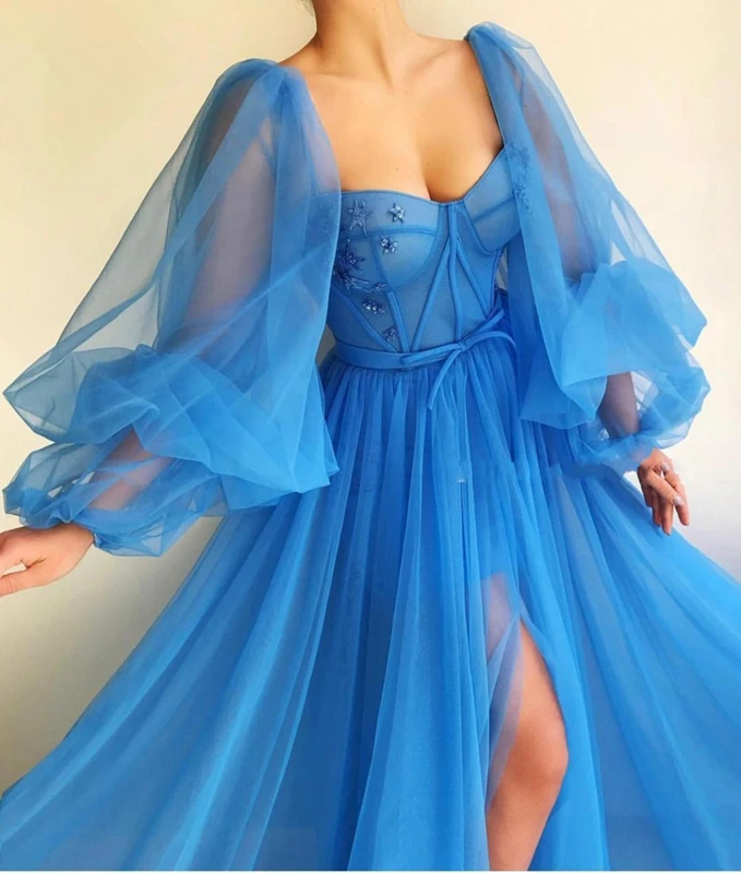 Blue Prom Dress 2021 Beauty Pageant Dresses Long Puffy Sleeve Tulle Backless Formal Evening Party Gowns Custom Made