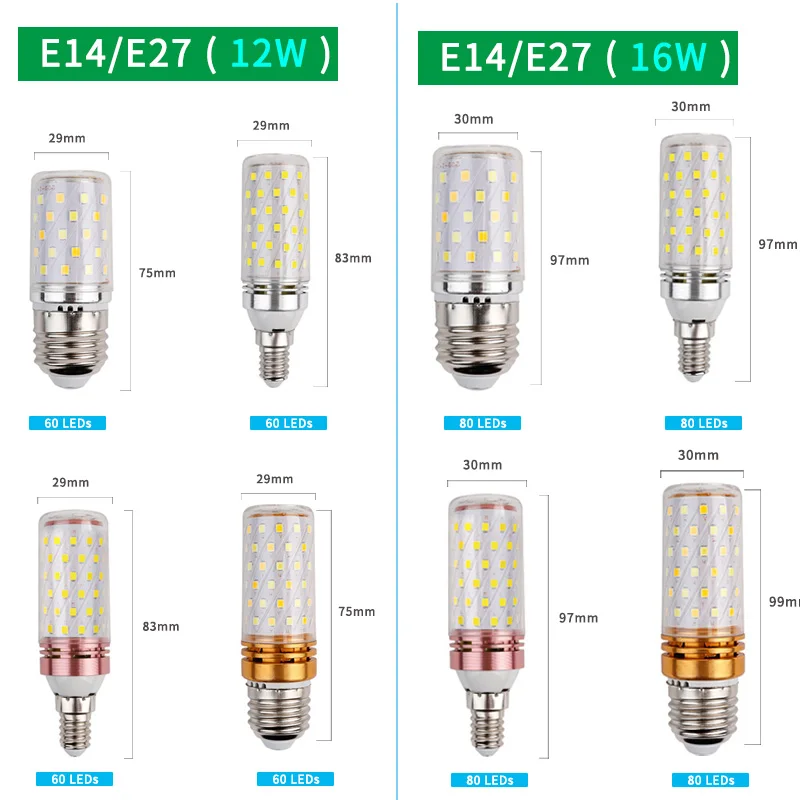 Imagem -02 - Lâmpada Vela de Led E27 E14 2835 12w 16w Luz Branca Quente para Economizar Energia Luz para Casa Quarto Corredor Mudança de Cor