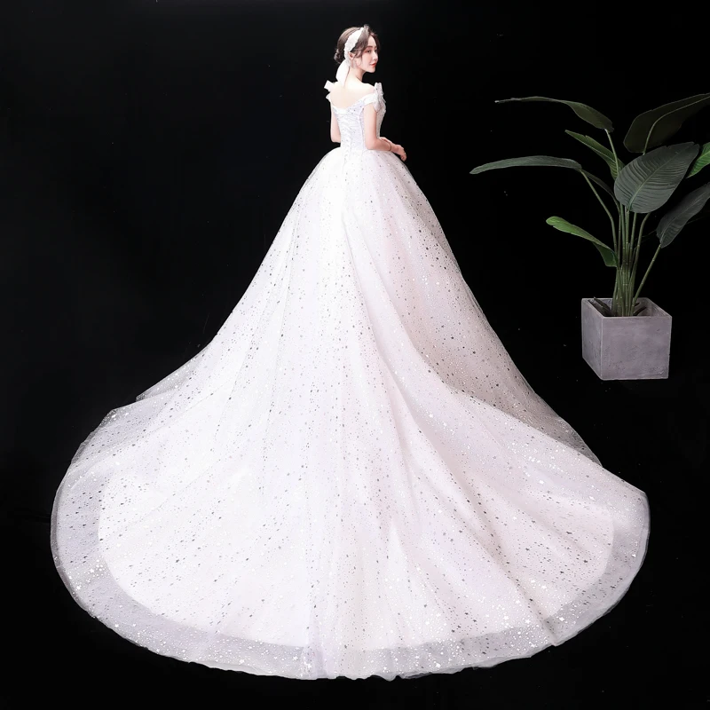 AnXin SH princess boat neck bow vintage sparkly silvery star sequins white lace train ball gown customized wedding dress