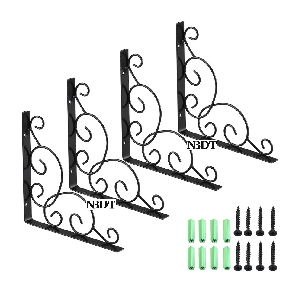 4Pcs Black Floating Shelf Brackets Wall-mounted Hanging Vine Pattern Rustic Rural