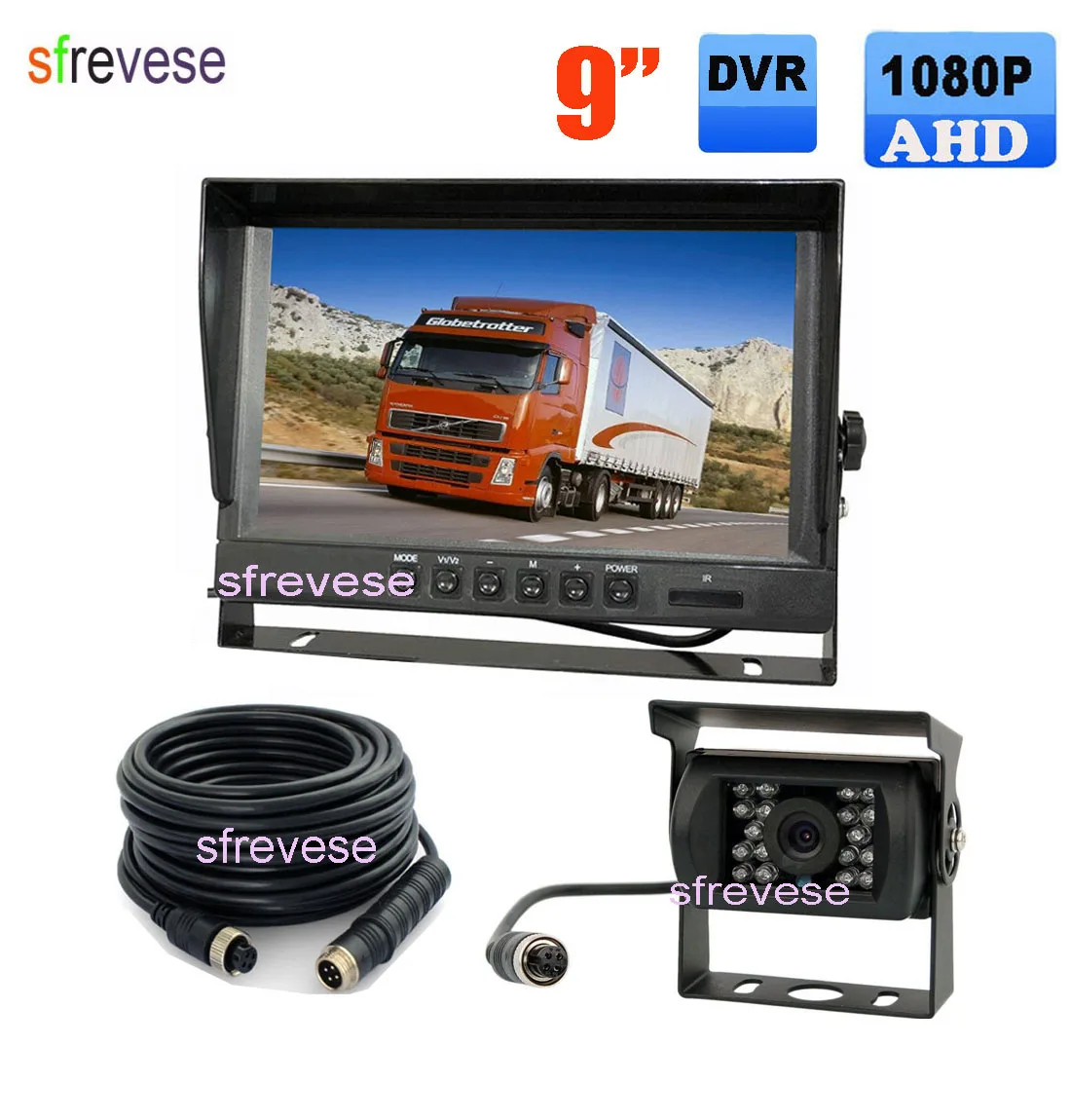 

9" IPS HD SD DVR Recording 2CH Split Car Rear View Monitor + 4Pin 1080P AHD Reversing Backup Camera For Bus Truck 12V-24V