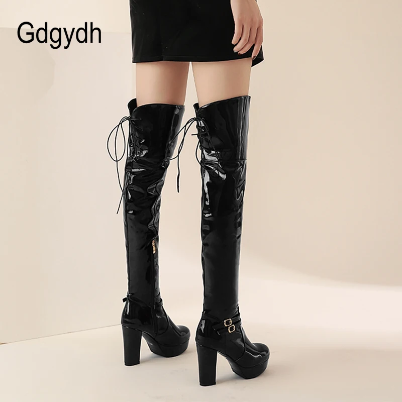 Gdgydh Sexy Nightclub High Boots Women Patent Leather Over The Knee Boots High Heels Platform Side Zipper Comfort Footwar Winter