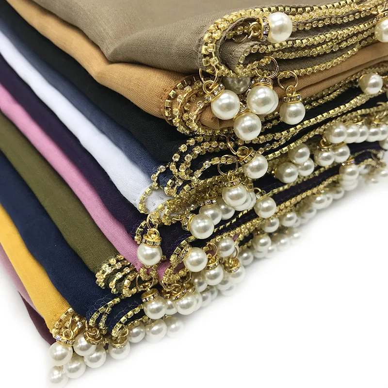 Women Long Big Shawls Golden Chain Muslim Hijab Wraps,Lightweight Breathable Beaded Turban Headscarf Rhinestone Pearls Scarf