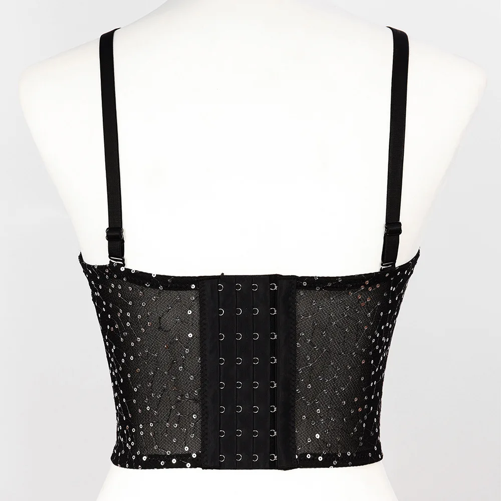 Cupnaya Bling Sequined Bow Women Crop Top Sexy Push Up Bustier Short Corset Bralet Inside Padded Camisole Tube Vest Black White