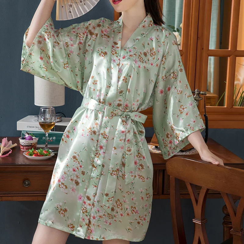 Robes Women V-neck Summer Half Sleeve Knee-length Robe Floral Bathrobe Japanese Style Sweet Sexy Lingerie Femme Kimono Hot Sale