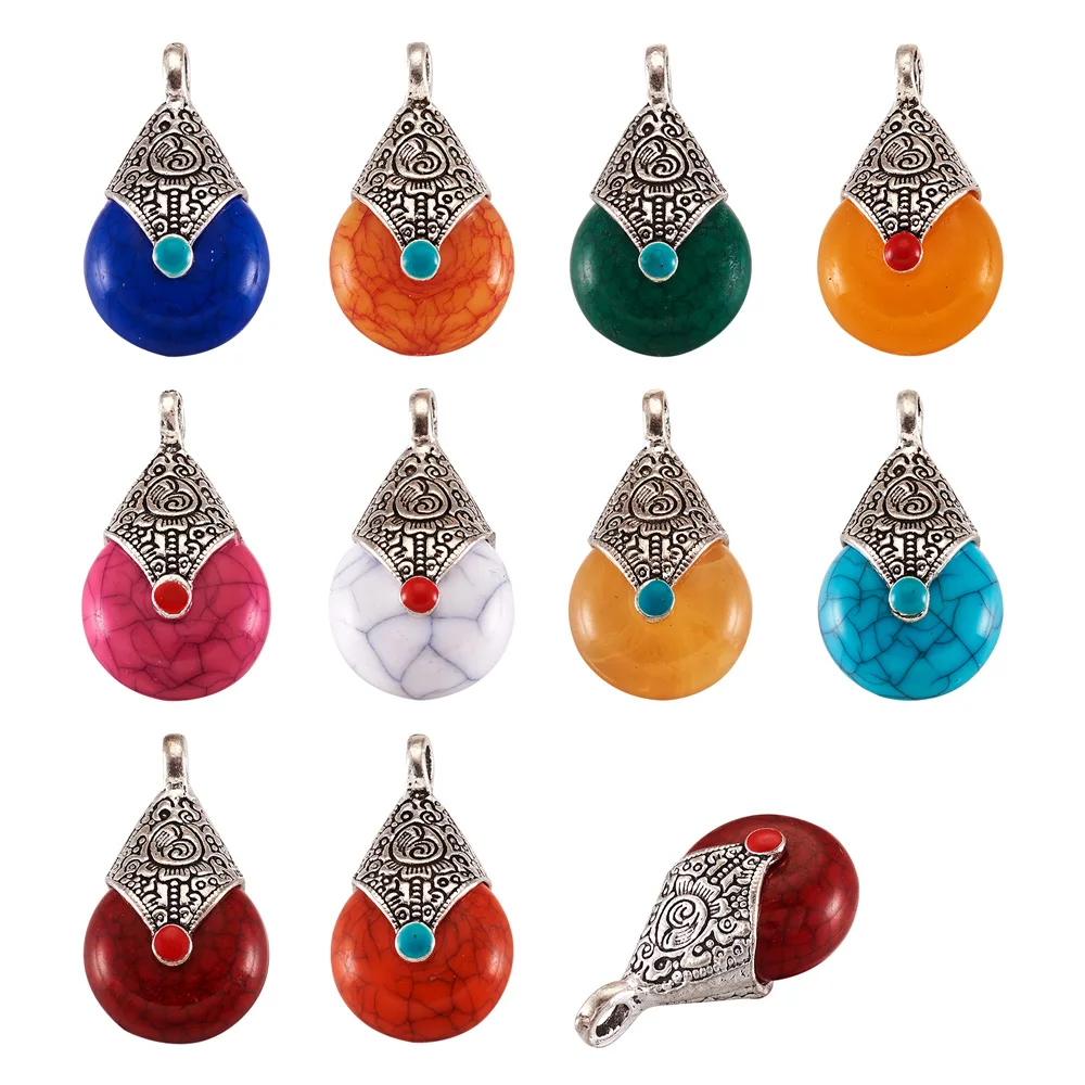 50Pcs Tibetan Style Resin Pendants with Alloy & Enamel Teardrop Charms For DIY Handmade Necklace Earrings Jewelry Accessories