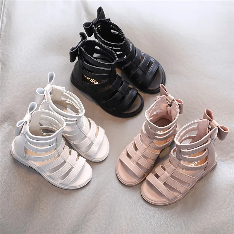 Girls Sandals 2024 Summer Kids Gladiator Sandals Boots Back Bow Roma Shoes Narrow Band Princess Shoes For Child Baby Black Begie