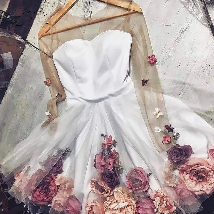 Bonito 3d flor senhora cocktail vestidos ver através de mangas completas floral curto vestidos de baile doce 2023