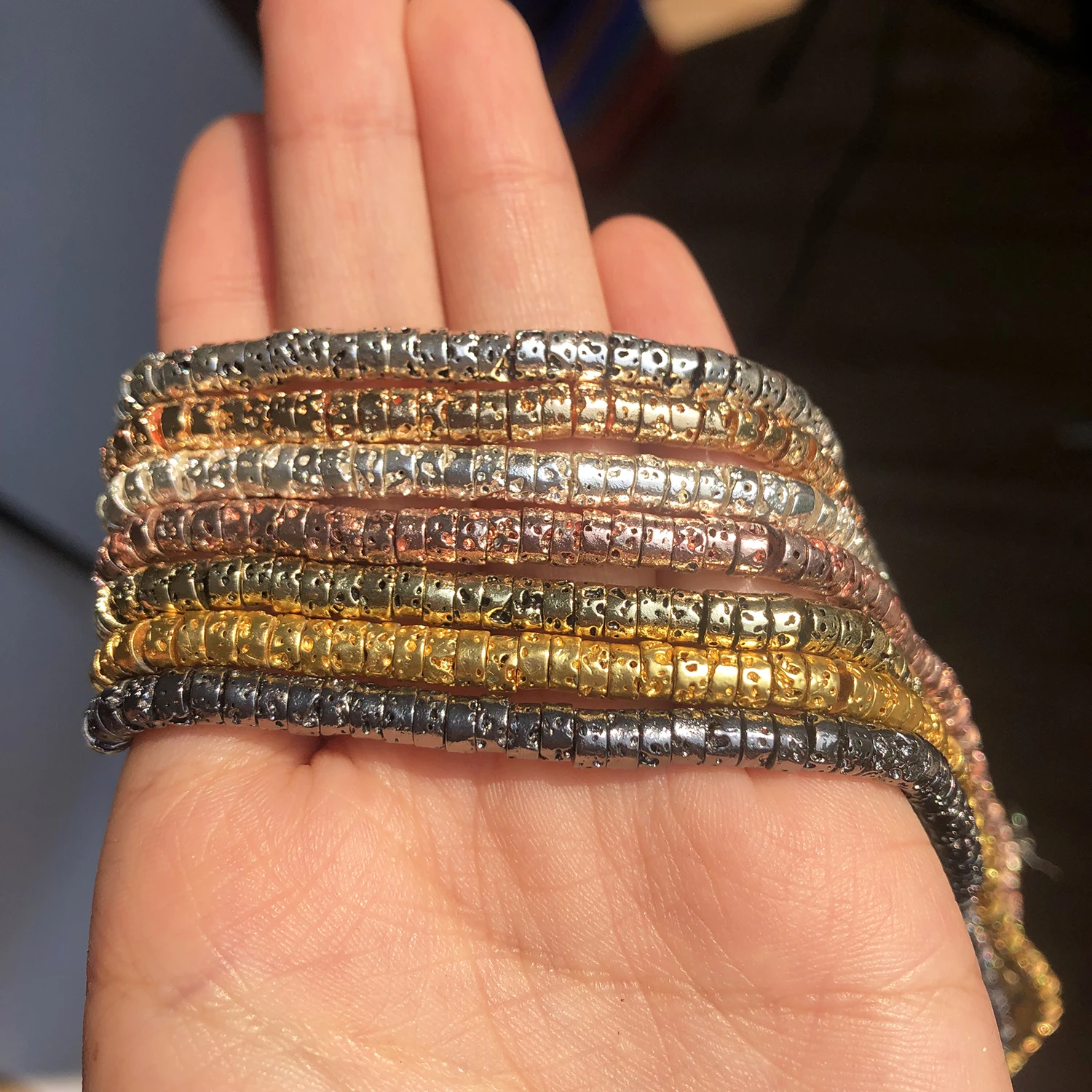 اسطوانة العمود صخرة بركانية إسوارة خرز من حجارة الحمم الذهب والفضة اللون شقة مستديرة فضفاض الخرز لصنع المجوهرات سوار لتقوم بها بنفسك 4x2mm #3