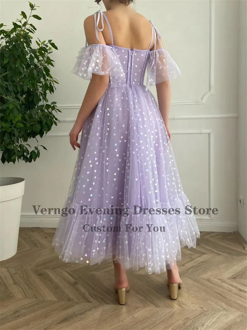 Verngo 2021 Bright Lavender Tulle With Heart Prom Dresses Off the Shoulder Straps Corset Boning Tea Length Formal Party Gown