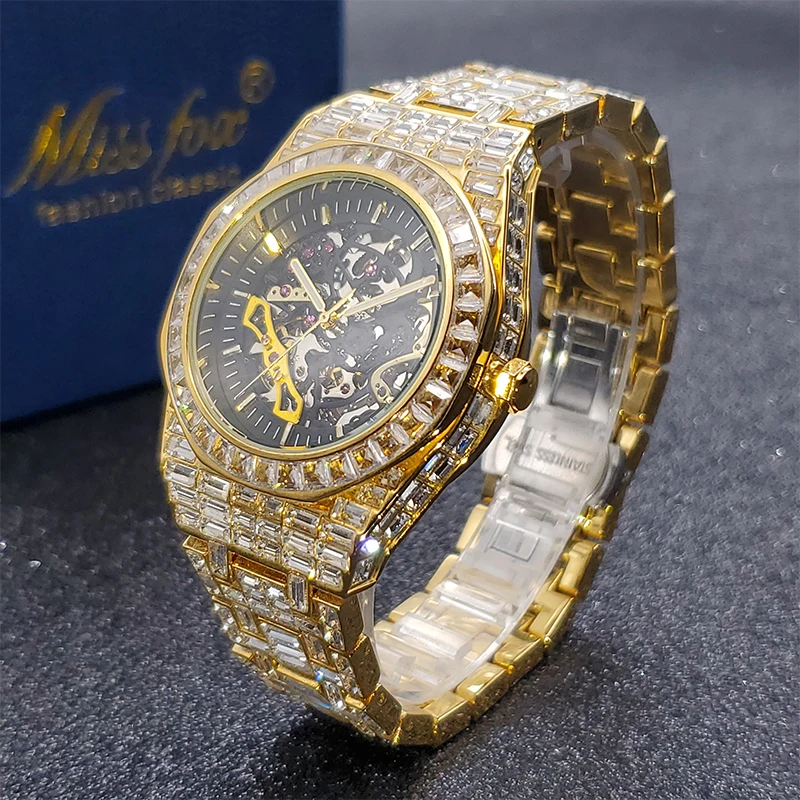 Men Mechanical Watch Gold Full Baguette Original Automatic Men\'s Skeleton Watches Diamond Luminous Luxury Waterproof Hand Clock