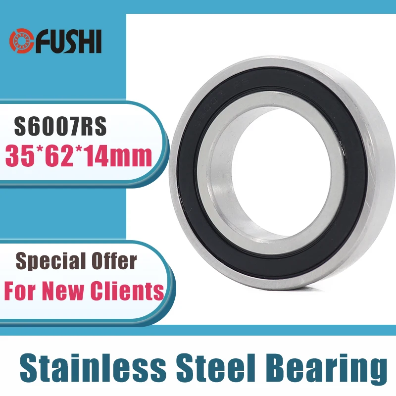 2PCS S6007RS Bearing 35*62*14 mm ABEC-3 440C Stainless Steel S 6007RS Ball Bearings 6007 Stainless Steel Ball Bearing