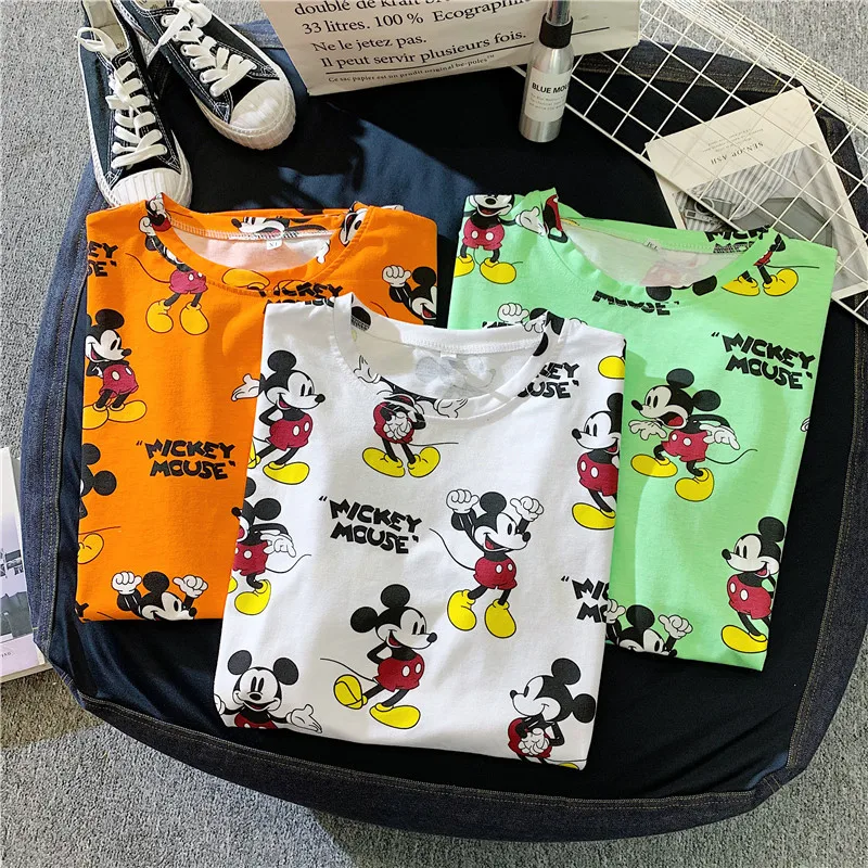 Ladies cartoon Donald Duck Mickey print short-sleeved t-shirt color summer cartoon Girl mid-length fashion Harajuku style