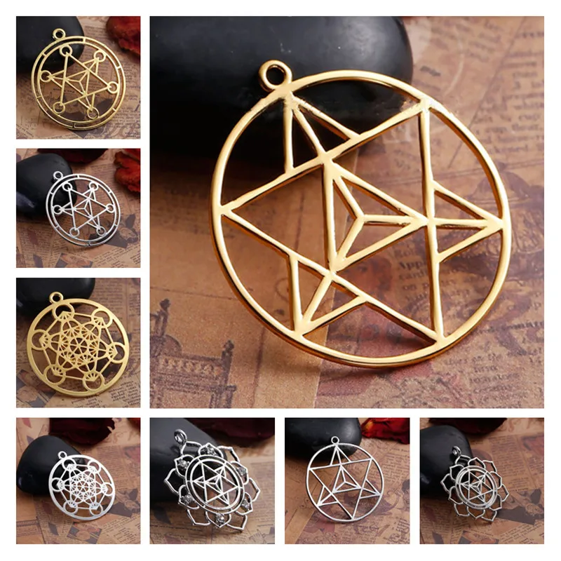 8Seasons Bohemian Copper Merkaba Meditation Pendants Round Silver Color Hollow Charms DIY Making Necklace Jewelry,1-10PCs