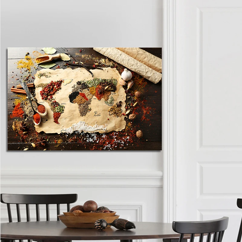 Map of World Made From Different Kinds of Spices on Wooden Background,Canvas Art Wall Décor for Living Room Kitchen Decoration