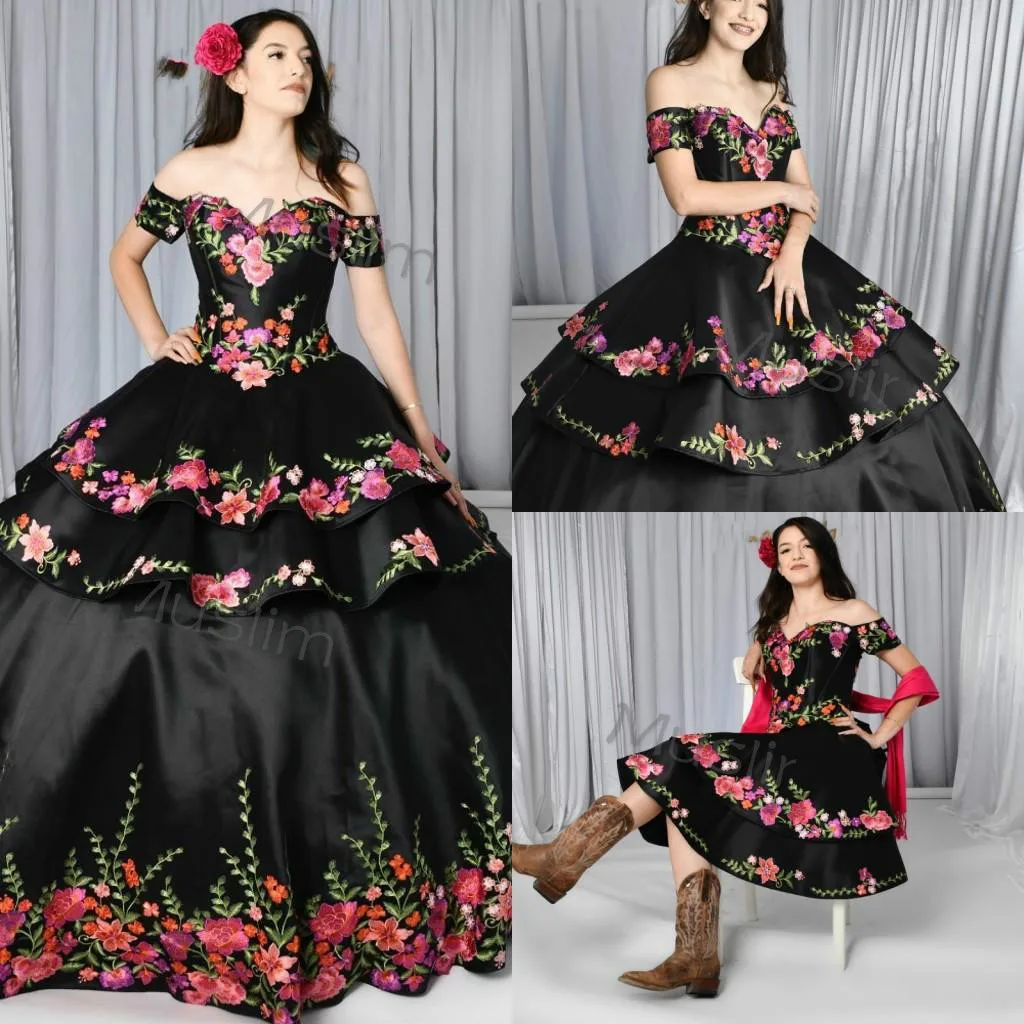 Мексиканские черные платья Quinceanera, съемная юбка Charro с цветочной вышивкой и открытыми плечами, Vestidos De 15, Xv Años по индивидуальному заказу