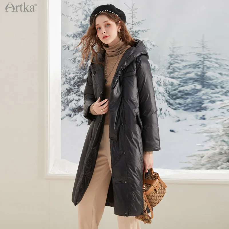 ARTKA 2021 Winter New Women Down Coat 3 Color Fashion Glossy 90% White Duck Down Coat Long Hooded Thicken Outerwear YK10388D