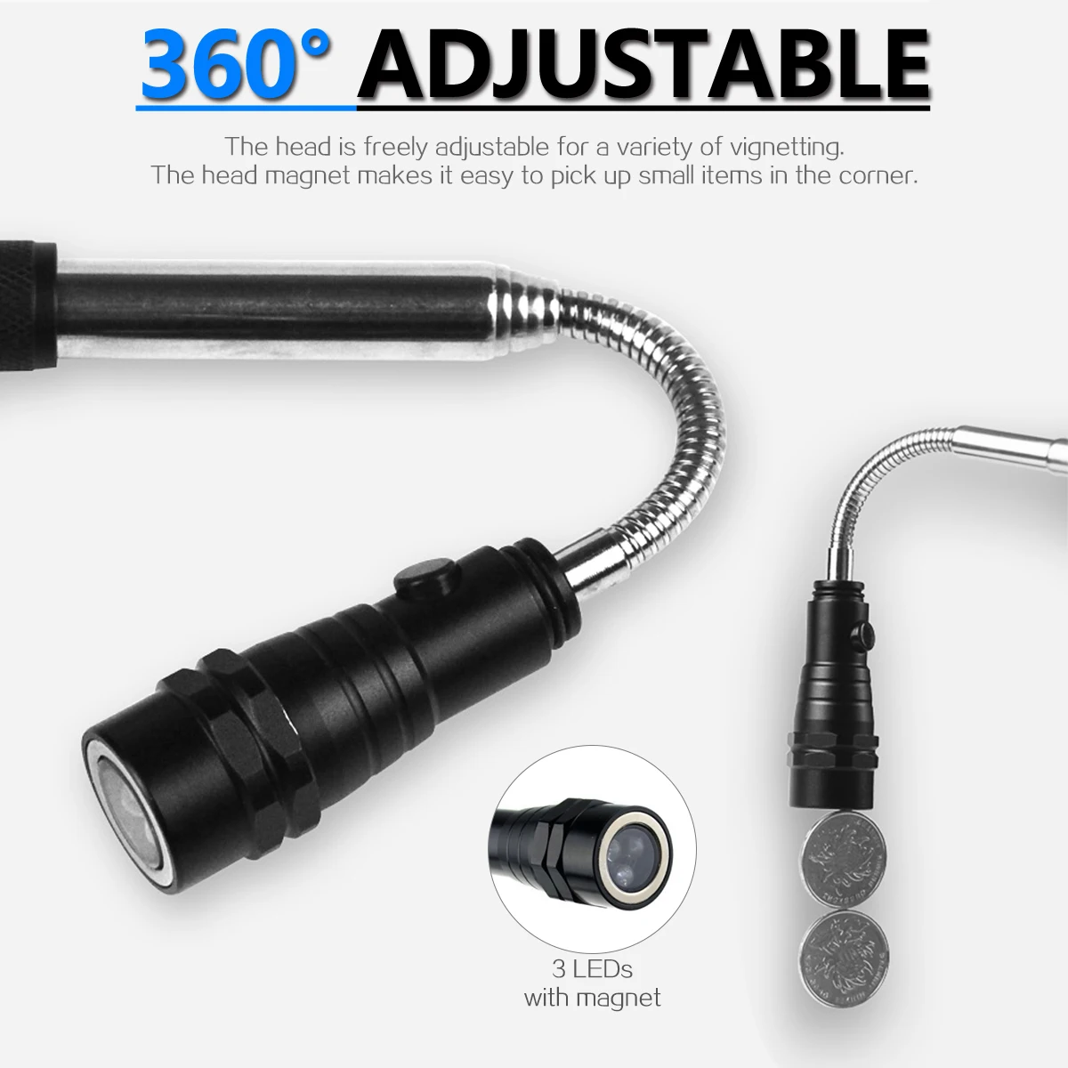 Portable flashlight Flexible Head Flashlight Torch with a magnet Telescopic Flexible 3 LED lamp Pick Up Tool Lamp Light