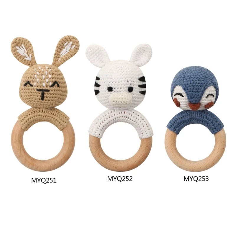 

1Pc Baby Rattle Crochet Animal Baby Teether Wooden Ring Handmade Toy BPA Free Wood Teething Bracelet Nurse Gift