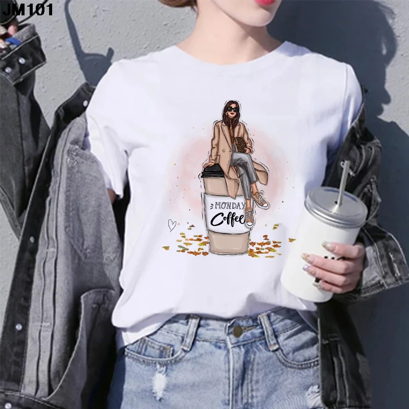 Fashion Coffee Girl Printing T shirt Summer Harajuku Women's Tops Tees Casual Korean Short Sleeve Clothing White Female T-shirt