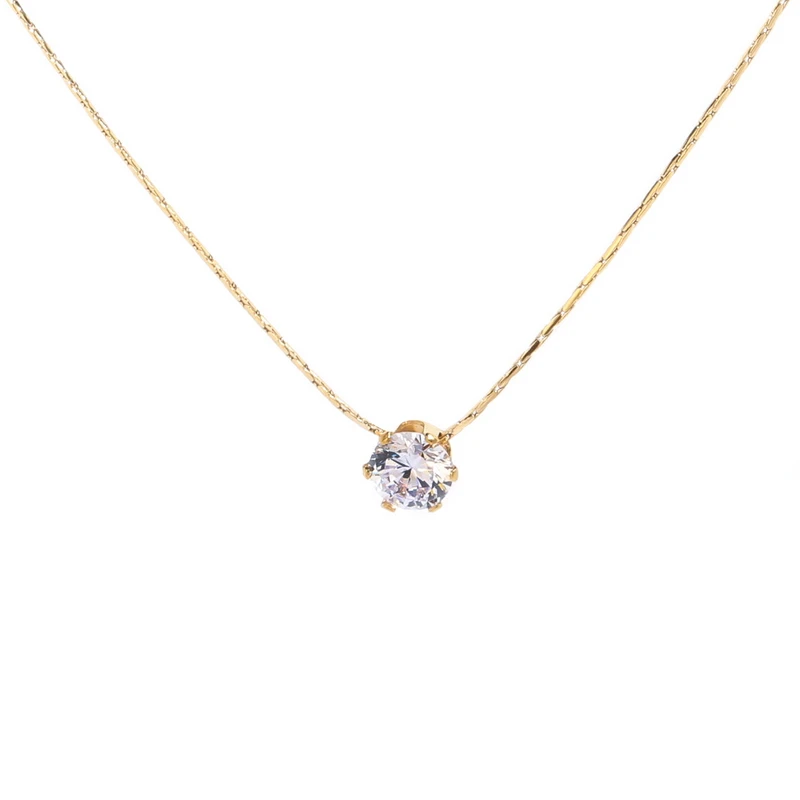 YUN RUO Tender Six Claw Zircon Pendant Necklace Yellow Gold Color Titanium Steel Jewelry Woman Gift Never Fade Hypoallergenic