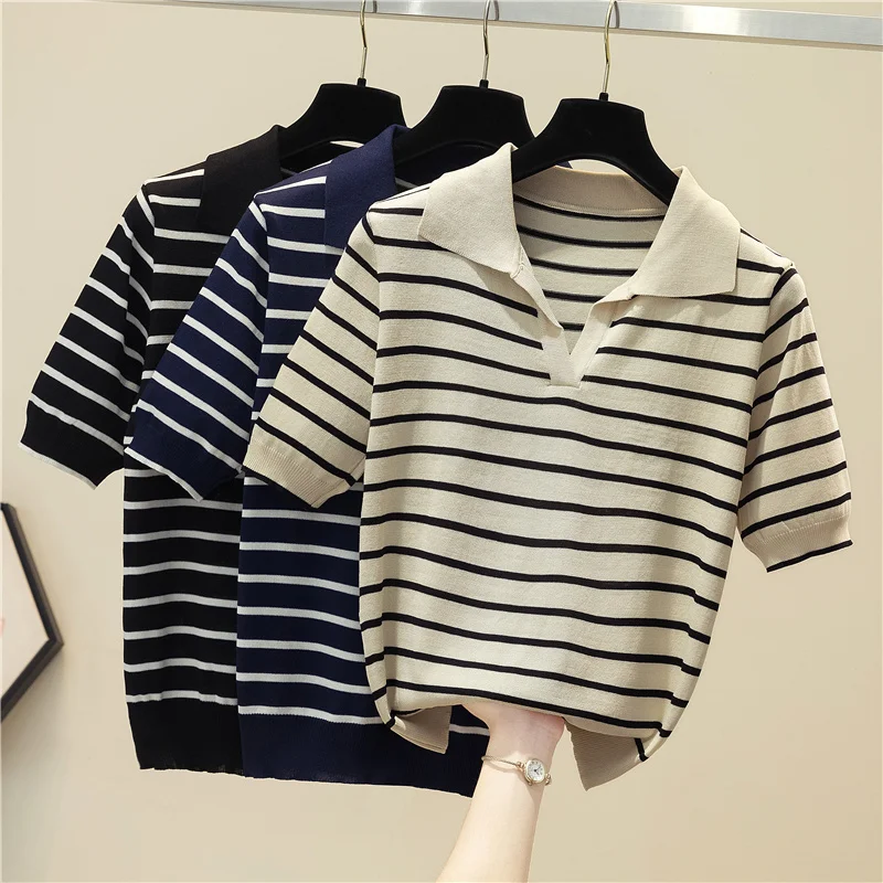 Summer Vintage Short Sleeve Knitted T-shirts Girls Basic Striped Stretchy V-neck TShirts Tops For Women