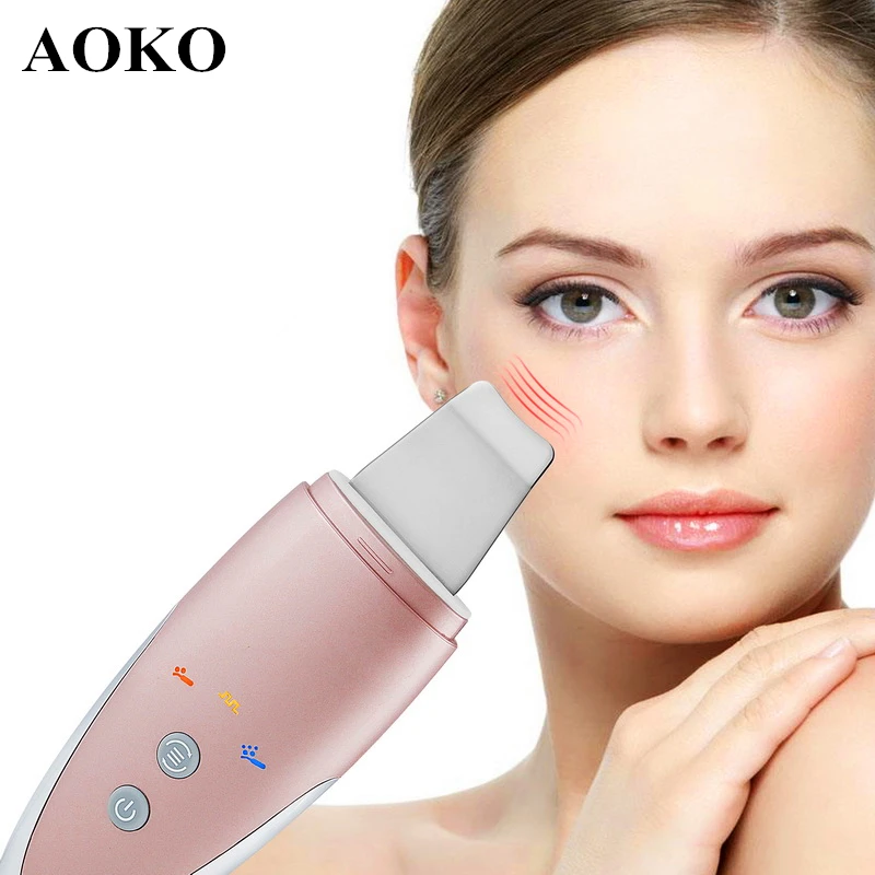 AOKO Ultrasonic Skin Scrubber Face Deep Cleaner Acne Blackheads Removal Ultrasound Vibration Facial Massage Skin Peeling Machine